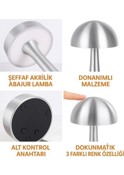 Mantar Gümüş Masa Lambası Şarjlı Dokunmatik 3 Renk Ayarlanabilir modelleri
