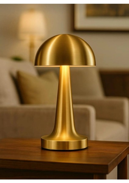 Mantar Model Retro Masa Lambası Gold Altın Renkli Dimmerli Şarjlı Dekoratif Dokunmatik Masa Lambası