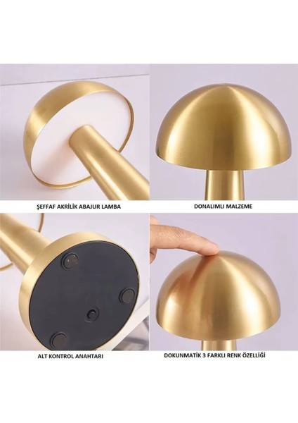 Mantar Model Retro Masa Lambası Gold Altın Renkli Dimmerli Şarjlı Dekoratif Dokunmatik Masa Lambası