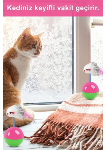 Hareketli Kedi Topu Fareli Hacı Yatmaz Yavru Kedi Oyuncakları Fare Kovalama Oyunu 11 Cm