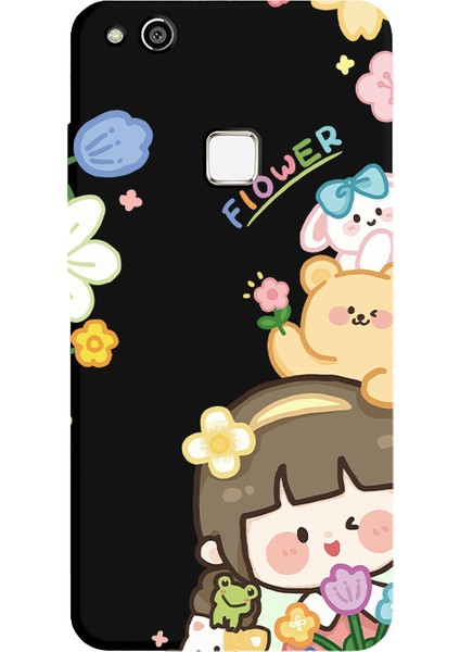 Huawei P10 Lite Için Siyah Bloom Desenli Silikon Kılıf