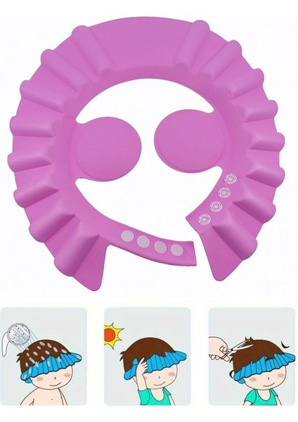 Pembe Kulaklıklı Düğmeli Ayarlanabilir Gözleri Korumak Saç Yıkama Bebek Banyo Şapkası modelleri