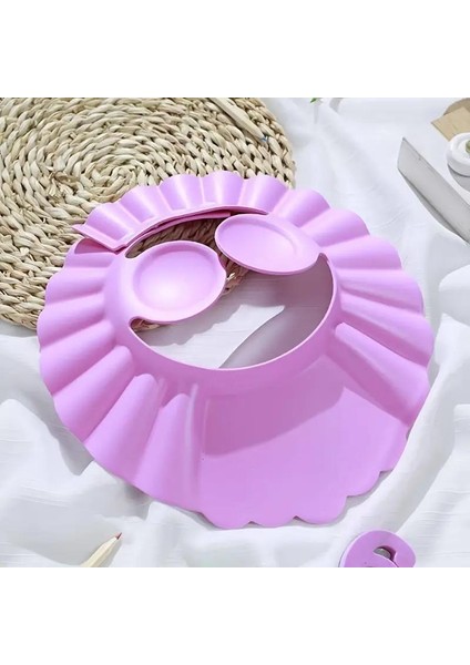 Pembe Kulaklıklı Düğmeli Ayarlanabilir Gözleri Korumak Saç Yıkama Bebek Banyo Şapkası indirimleri