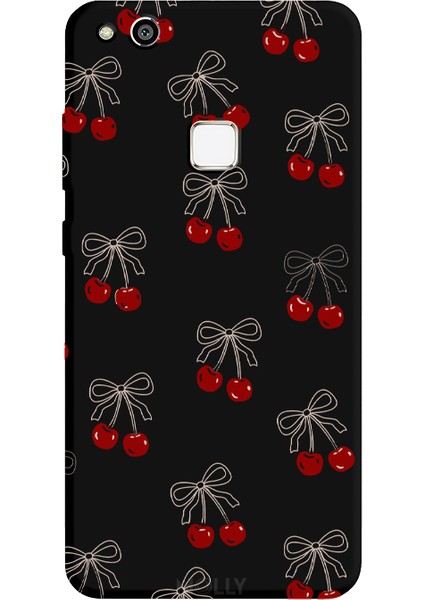 Huawei P10 Lite Için Siyah Cherry Desenli Silikon Kılıf