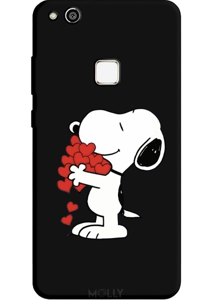 Huawei P10 Lite Için Siyah Snoopy Love Desenli Silikon Kılıf