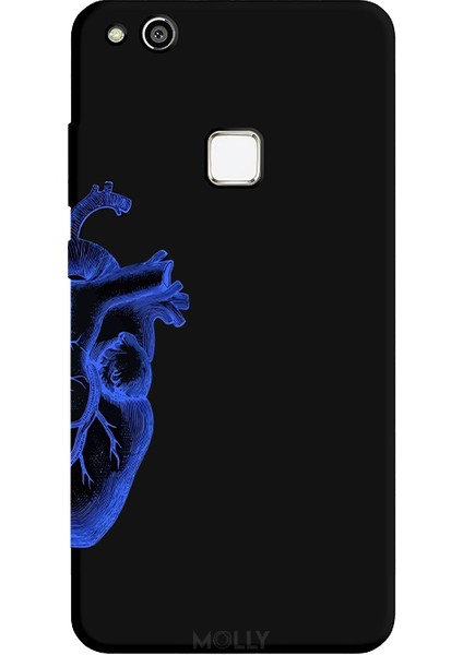 Huawei P10 Lite Için Siyah Blue Heart Desenli Silikon Kılıf