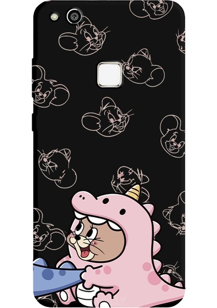 Huawei P10 Lite Için Siyah Jerry Dino Desenli Silikon Kılıf