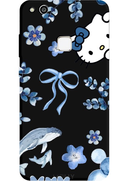 Huawei P10 Lite Için Siyah Blue Flow Kitty Desenli Silikon Kılıf