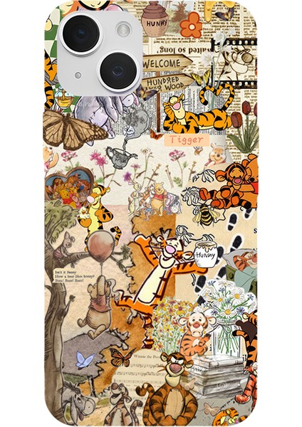 iPhone 15 Için Siyah Pooh Vintage Desenli Silikon Kılıf