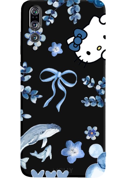 Huawei P20 Pro Için Siyah Blue Flow Kitty Desenli Silikon Kılıf