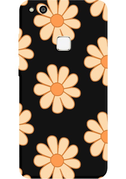 Huawei P10 Lite Için Siyah Retro Papatya Desenli Silikon Kılıf