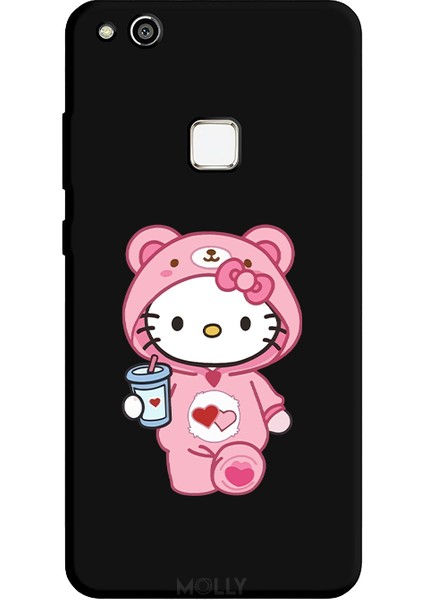Huawei P10 Lite Için Siyah Kitty Sip Desenli Silikon Kılıf
