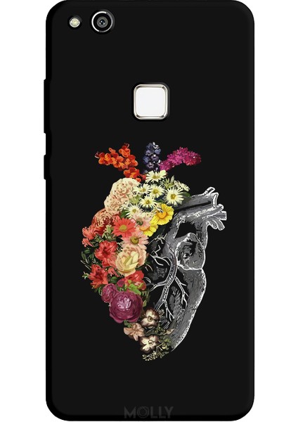 Huawei P10 Lite Için Siyah Floral Heart Desenli Silikon Kılıf