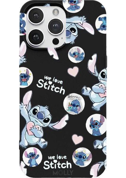 iPhone 14 Pro Için Siyah We Love Stitch Desenli Silikon Kılıf