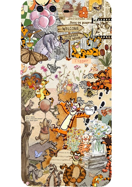 Huawei P10 Plus Için Siyah Pooh Vintage Desenli Silikon Kılıf