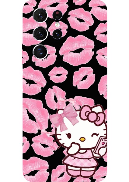 Samsung Galaxy S21 Ultra Için Siyah Pink Kiss Kitty Desenli Silikon Kılıf