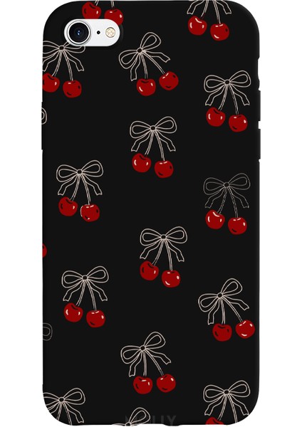 iPhone 7 Için Siyah Cherry Desenli Silikon Kılıf