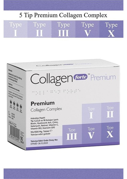 Collagen Premium 5 Tip Complex , Hidrolize Peptit,Biotin,Çinko,Selenyum,Vitamin B12,C,Koenzim 1500 Mg 90 Tablet