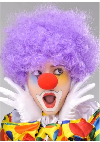 Mor Renk Kıvırcık Bonus Peruk ve Kırmızı Burun Seti