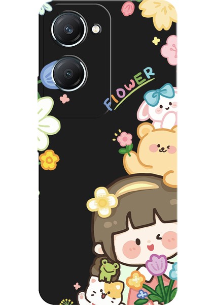 Vivo Y18 Için Siyah Bloom Desenli Silikon Kılıf