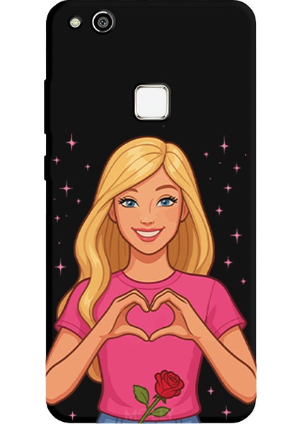 Huawei P10 Lite Için Siyah Rose Heart Desenli Silikon Kılıf