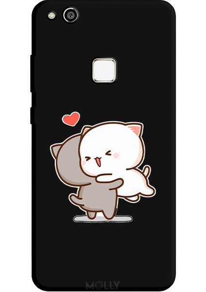 Huawei P10 Lite Için Siyah Meow Hug Desenli Silikon Kılıf