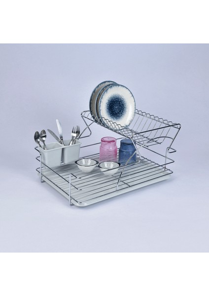 Iki Katlı Su Hazneli Kaşıklıklı Tezgah Üstü Bulaşık Kurutma Sepeti
