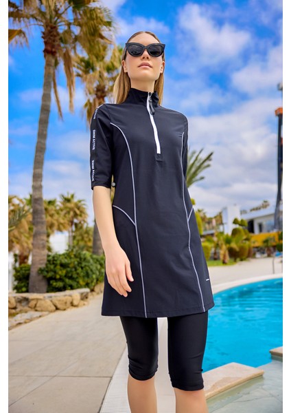 Siyah Yarı Kapalı Mayo Su Itici Kumaş, UPF50+ Koruma H2503