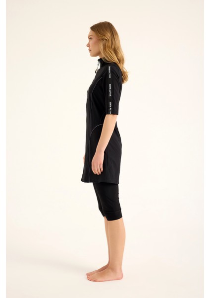 Siyah Yarı Kapalı Mayo Su Itici Kumaş, UPF50+ Koruma H2503