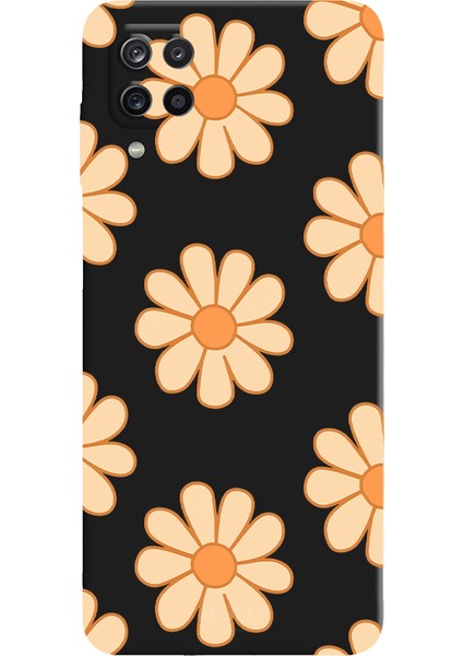 Samsung Galaxy A12 Için Siyah Retro Papatya Desenli Silikon Kılıf