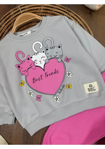 Pamuklu Mevsimlik Kedicik Detaylı 2li Kız Bebek Takım modelleri