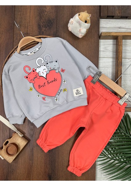 Pamuklu Mevsimlik Kedicik Detaylı 2li Kız Bebek Takım