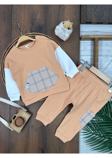 Pamuklu Kanguru Cepli Ekose Detaylı 2li Erkek Bebek Takım