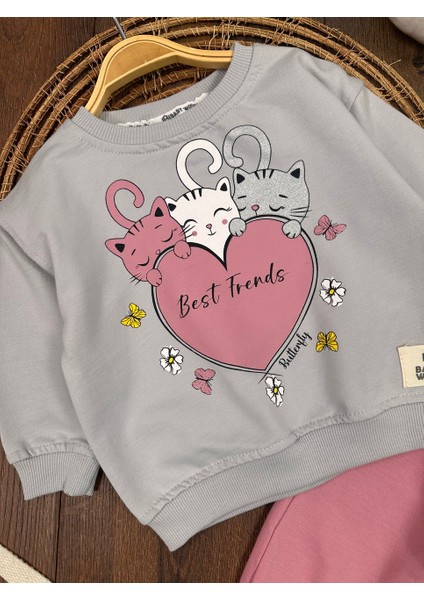 Pamuklu Mevsimlik Kedicik Detaylı 2li Kız Bebek Takım modelleri