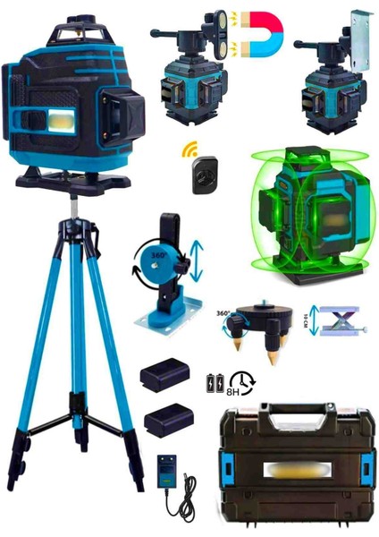 12 Köşe Otomatik Hizalamalı 360 Derece Yeşil Lazer Çizgi Terazi 2 Akülü Tripod Ayak Hediyeli
