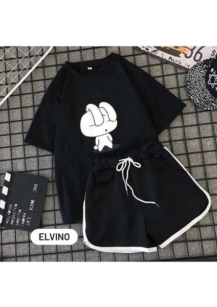 Uykulu Tavşan Baskılı Şortlu Rahat Pijama Takımı