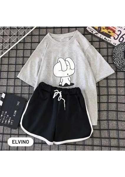 Uykulu Tavşan Baskılı Şortlu Rahat Pijama Takımı