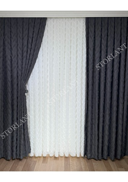 Puffy Herringbone Anrasit Desenli Keten Fon Perde L Ürün Sık Pile L Aksesuar Hediyeli L Tek Kanat