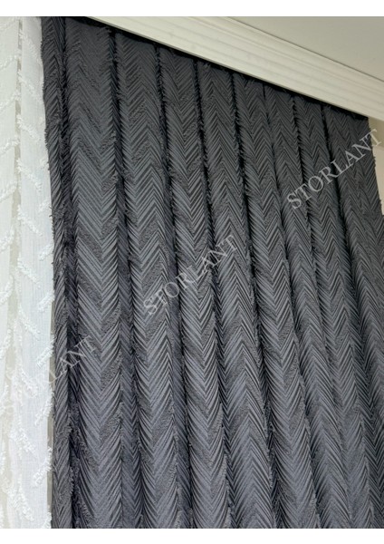 Puffy Herringbone Anrasit Desenli Keten Fon Perde L Ürün Sık Pile L Aksesuar Hediyeli L Tek Kanat