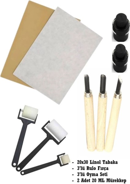 Linol Tabaka Levha 2.5 mm 20X30 cm , Siyah Mürekkep , 3'lü Sünger Rulo Merdane , 3'lü Oyma Seti