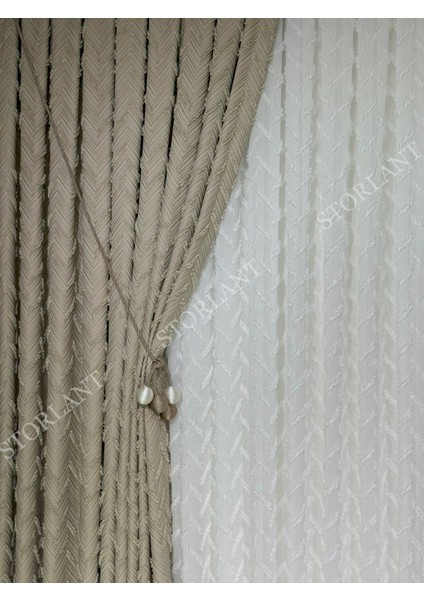 Puffy Herringbone Vizon Desenli Keten Fon Perde L Ürün Sık Pile L Aksesuar Hediyeli L Tek Kanat