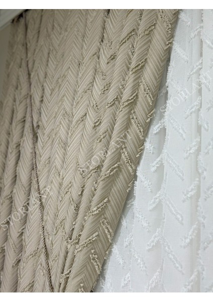 Puffy Herringbone Vizon Desenli Keten Fon Perde L Ürün Sık Pile L Aksesuar Hediyeli L Tek Kanat fırsatları