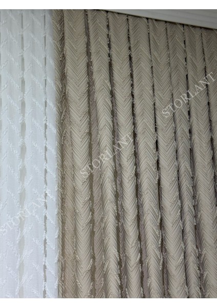 Puffy Herringbone Vizon Desenli Keten Fon Perde L Ürün Sık Pile L Aksesuar Hediyeli L Tek Kanat