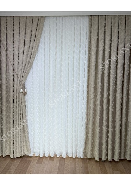 Puffy Herringbone Vizon Desenli Keten Fon Perde L Ürün Sık Pile L Aksesuar Hediyeli L Tek Kanat