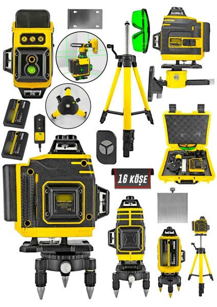 16 Köşe Tripod Hediyeli Uzaktan Kumandalı 360 Derece Çizgi Hizalama Lazer Makinesi Seviye Cihazı
