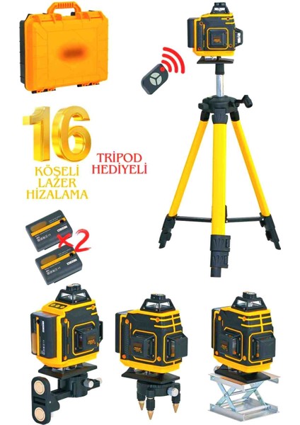 16 Köşe Tripod Hediyeli Uzaktan Kumandalı 360 Derece Çizgi Hizalama Lazer Makinesi Seviye Cihazı fiyatları
