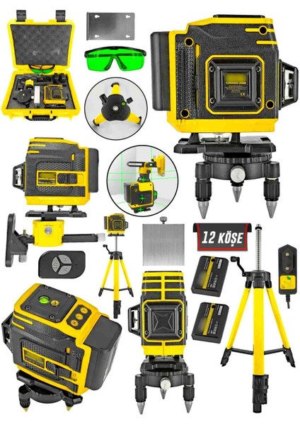 12 Köşe Tripod Hediyeli Uzaktan Kumandalı 360 Derece Çizgi Hizalama Lazer Makinesi Seviye Cihazı