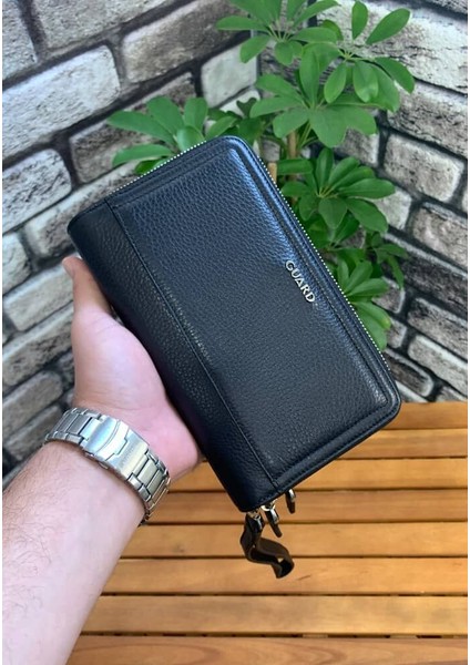 Çift Fermuarlı Siyah Hakiki Deri El Çantası Erkek / Kadın P3031 fiyatları