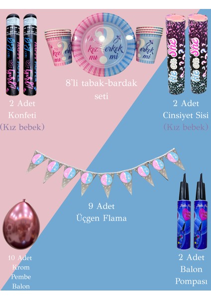 Cinsiyet Partisi Seti – Konfeti,cinsiyet Sisi,tabak-Bardak,flama,balon ve Pompa (Kız Bebek – Açık Hava )