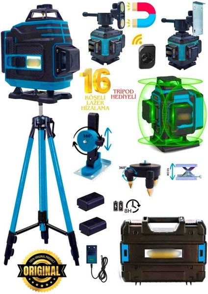 16 Köşe Tripod Hediyeli Uzaktan Kumandalı 360 Derece Çizgi Hizalama Lazer Makinesi Seviye Cihazı